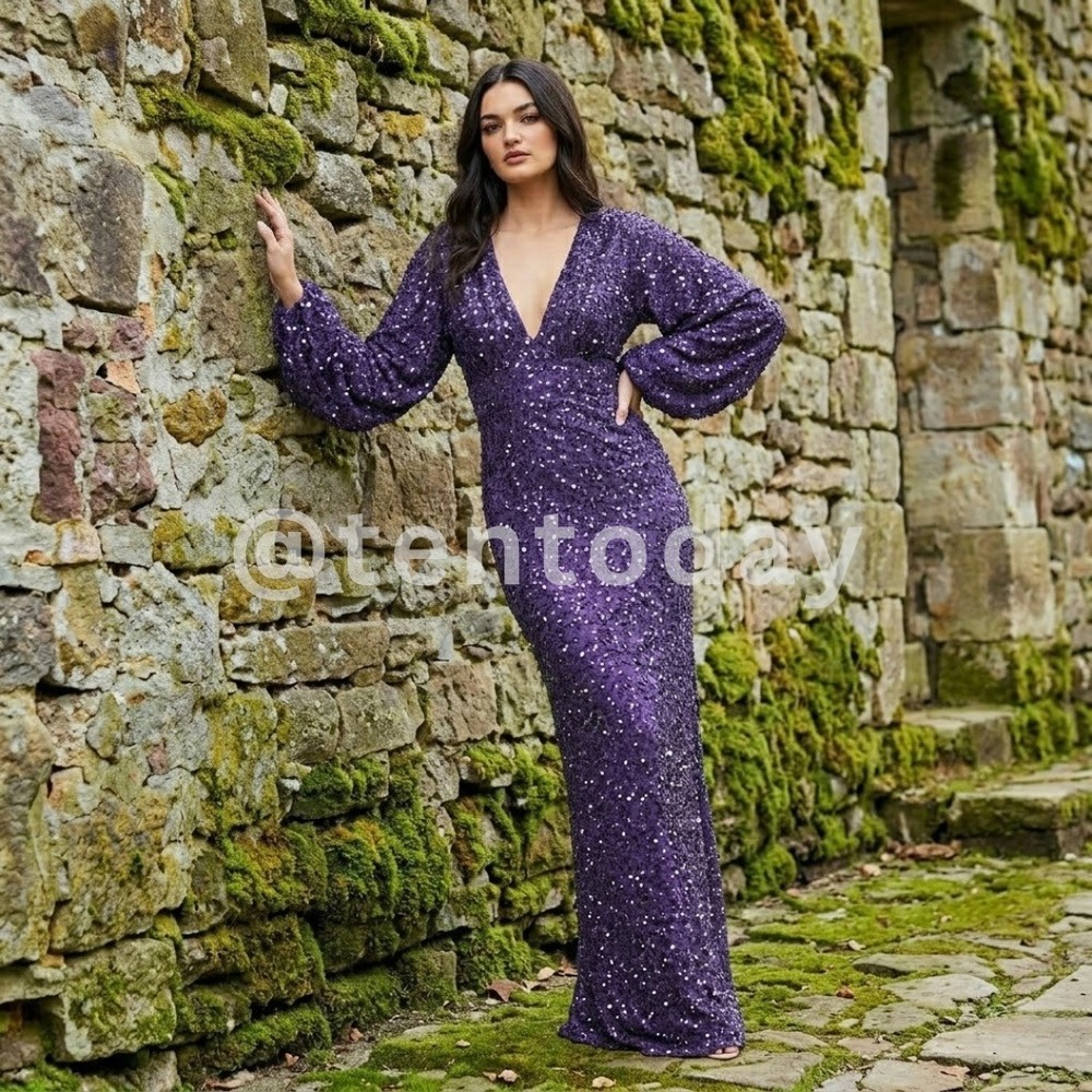 Mac Duggal Size 4 Dark Purple Sequin V-Neck Long‎ Blouson Sleeve Maxi Gown Dress